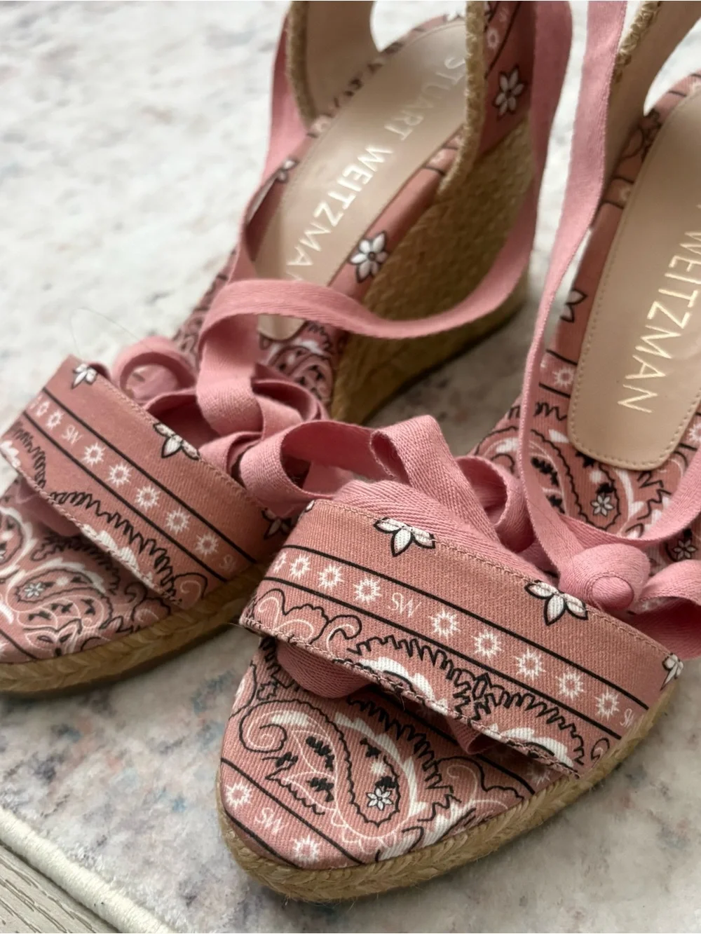 STUART WEITZMAN, Authentic Illeana Lace Up Wedges, Pink Paisley Bandana Print - Picture 5 of 7